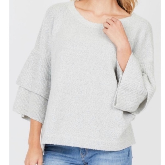 French Connection Tiered Bell Sleeve Sweater in Light Heather Gray - Picture 1 of 14